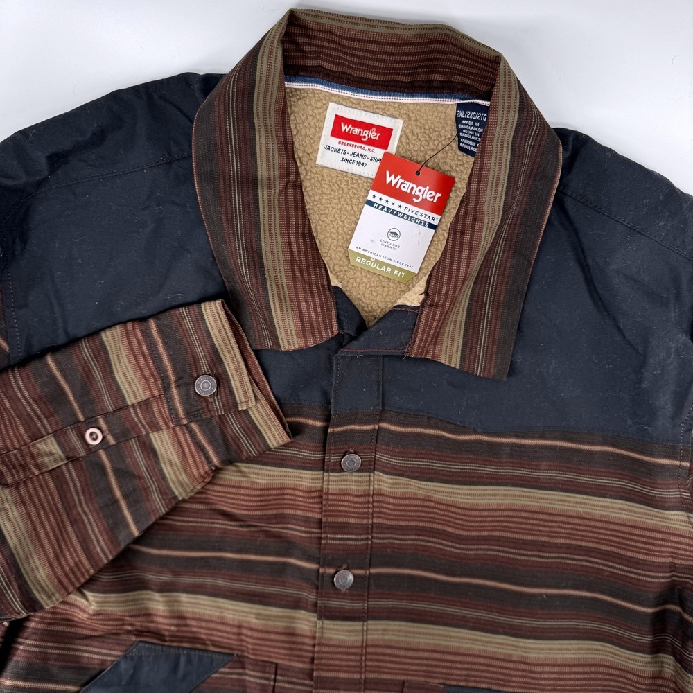 Wrangler Shirt Jacket Shacket 2XL Brown Striped Sherpa Lined Western Yoke Aztec